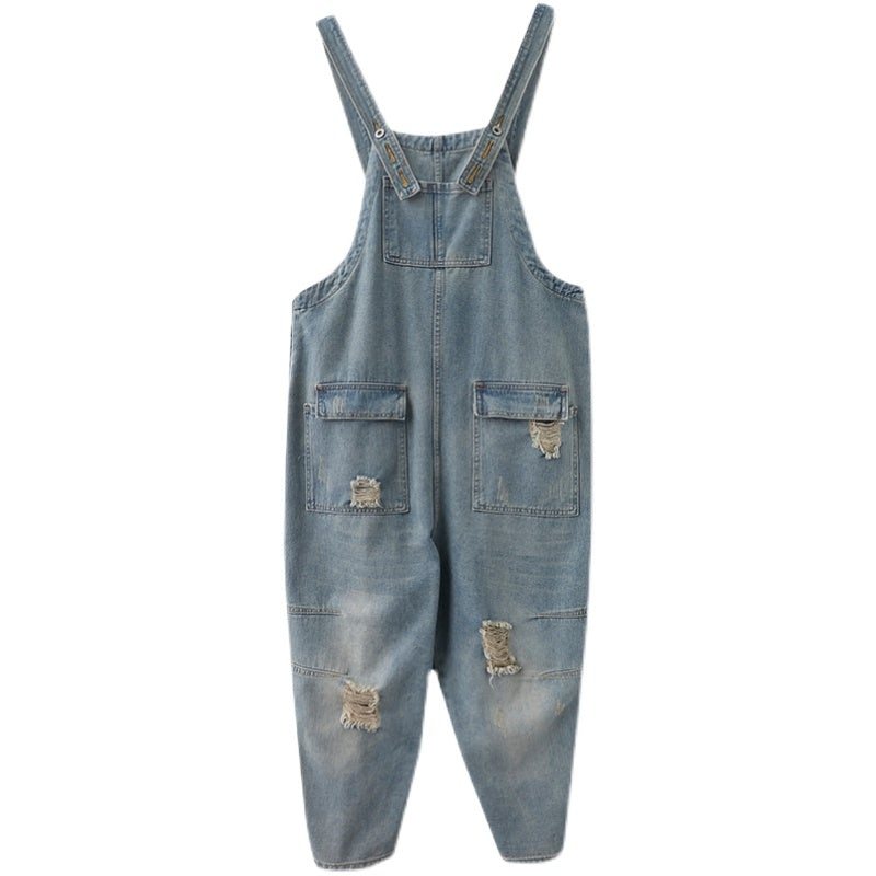 Spring Dame Retro Løs Patchwork Rippet Denim Jumpsuit