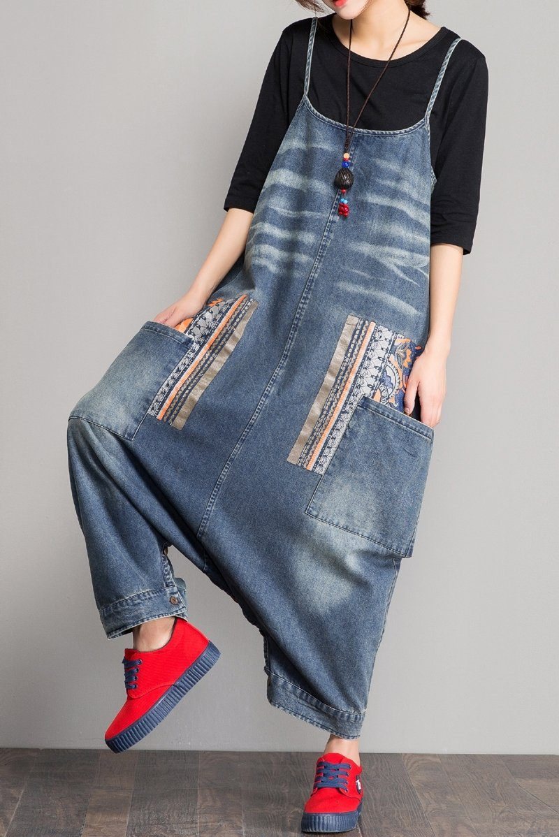 Spring Denim Bib Løs Skrittrem Jumpsuit