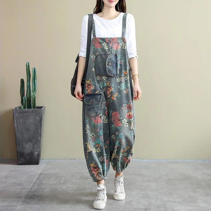 Spring Loose Floral Ripped Lommer Cotton Denim Jumpsuit