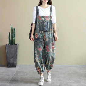 Spring Loose Floral Ripped Lommer Cotton Denim Jumpsuit