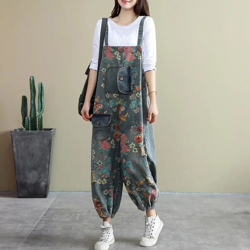 Spring Loose Floral Ripped Lommer Cotton Denim Jumpsuit