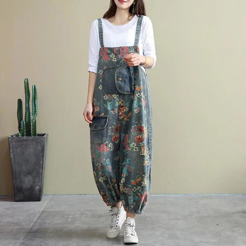 Spring Loose Floral Ripped Lommer Cotton Denim Jumpsuit