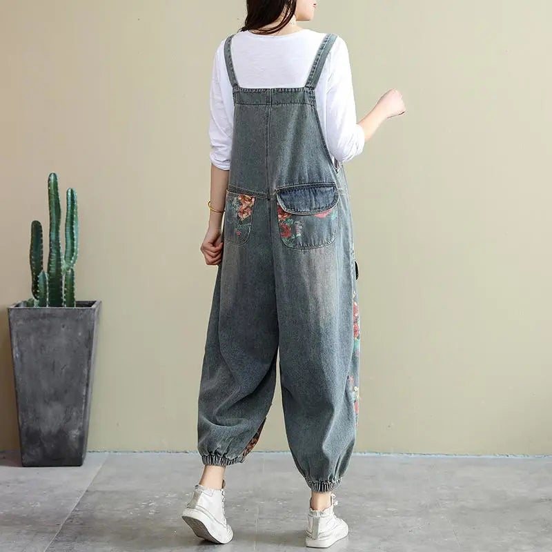 Spring Loose Floral Ripped Lommer Cotton Denim Jumpsuit