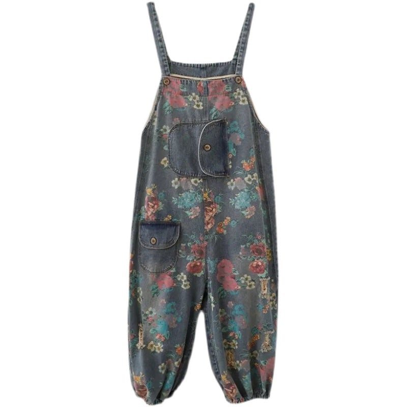 Spring Loose Floral Ripped Lommer Cotton Denim Jumpsuit