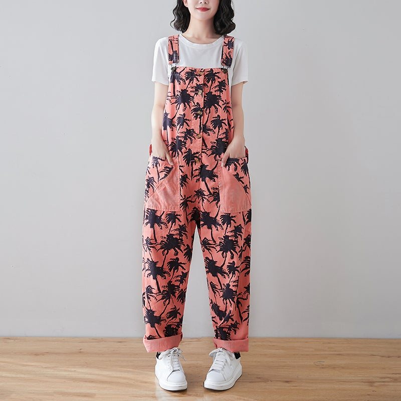 Spring Retro Plants Print Løs Denim Jumpsuit