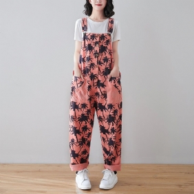 Spring Retro Plants Print Løs Denim Jumpsuit