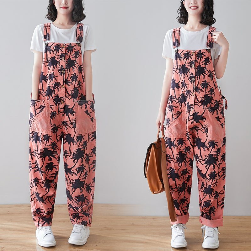 Spring Retro Plants Print Løs Denim Jumpsuit