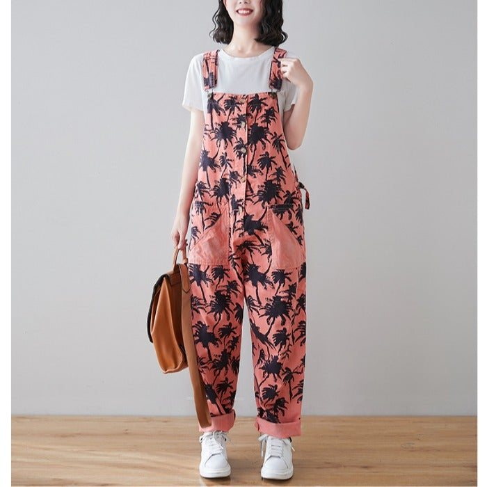 Spring Retro Plants Print Løs Denim Jumpsuit