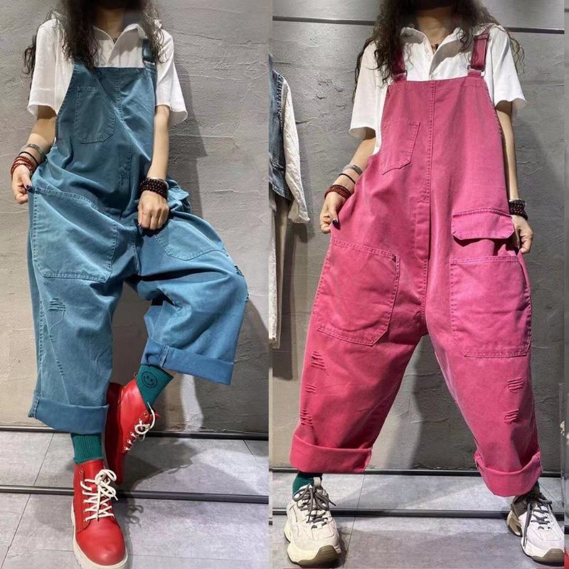 Summer Retro Plus Size Wide Leg Cotton Denim Jumpsuit