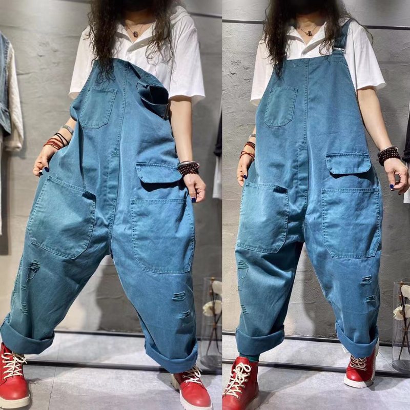 Summer Retro Plus Size Wide Leg Cotton Denim Jumpsuit