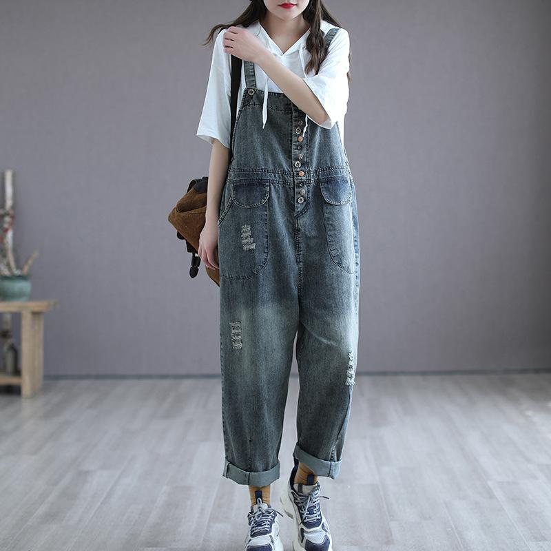 Summer Retro Thin Wooden Button Denim Jumpsuit