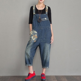 Vår Høst Denim Løs Retro Patch Jumpsuit