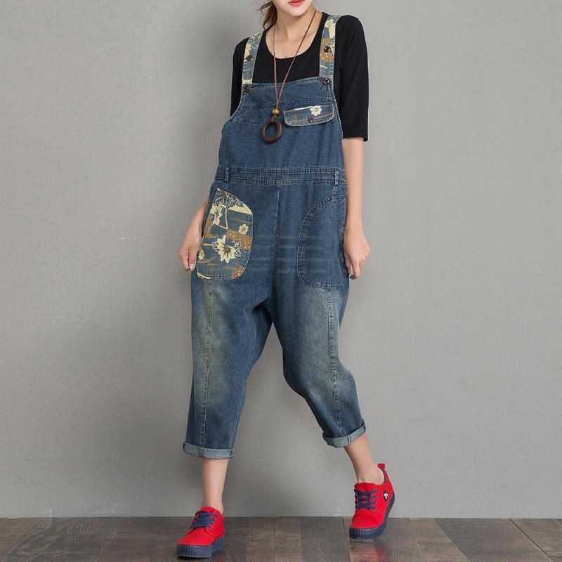 Vår Høst Denim Løs Retro Patch Jumpsuit