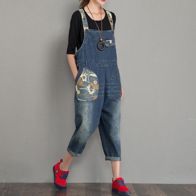 Vår Høst Denim Løs Retro Patch Jumpsuit