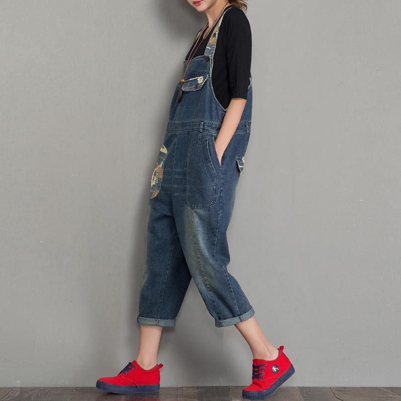 Vår Høst Denim Løs Retro Patch Jumpsuit