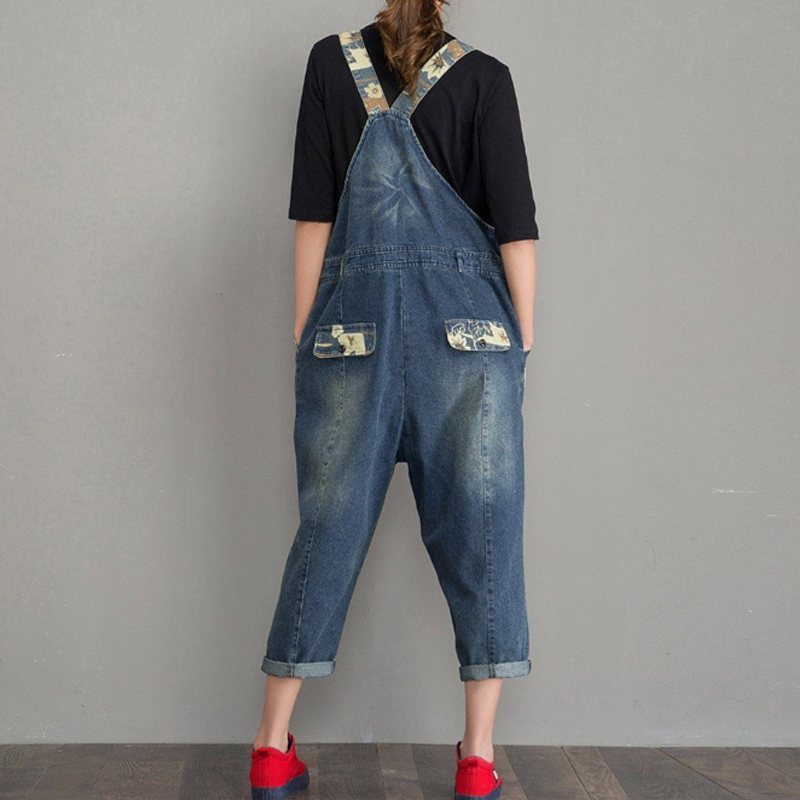 Vår Høst Denim Løs Retro Patch Jumpsuit