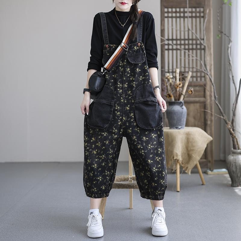 Vår Høst Plus Størrelse Casual Floral Cotton Denim Jumpsuit