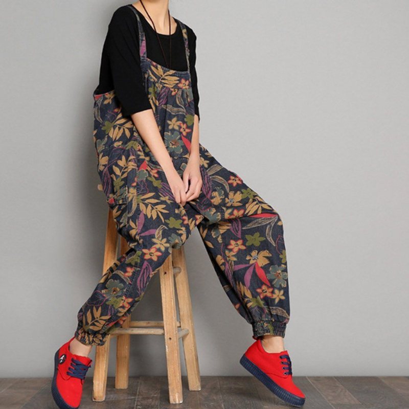 Vår Høst Printed Denim Floral Jumpsuits