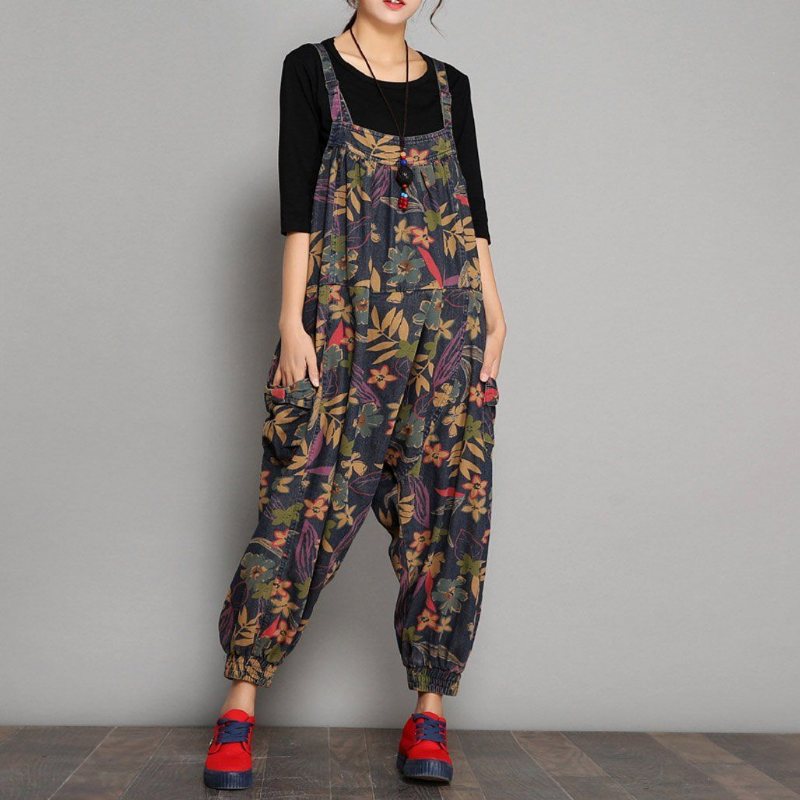 Vår Høst Printed Denim Floral Jumpsuits