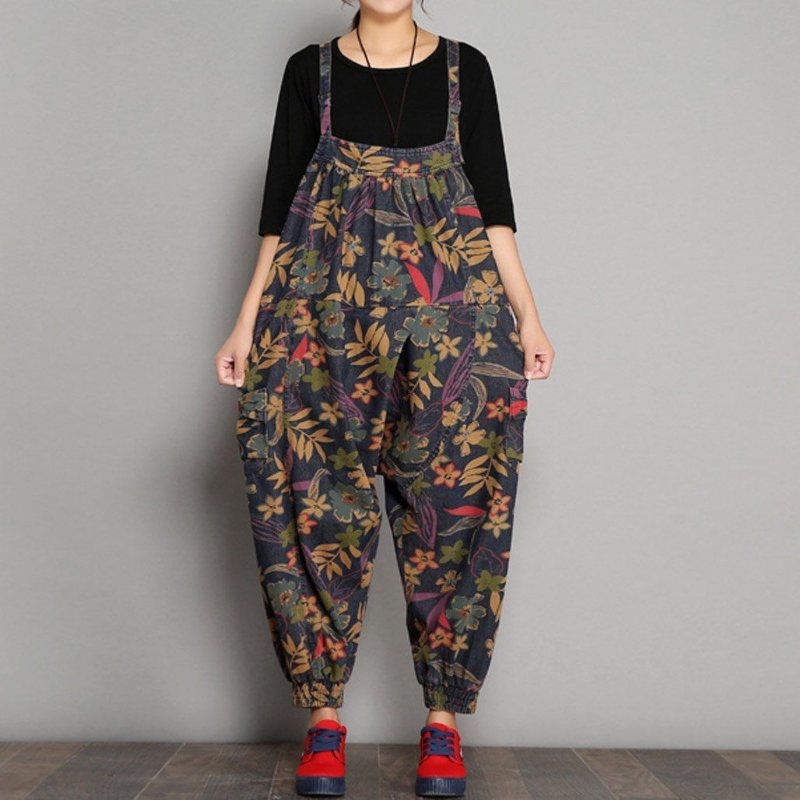 Vår Høst Printed Denim Floral Jumpsuits