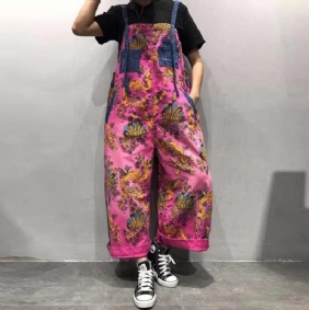 Vår Sommer Retro Loose Printed Floral Denim Jumpsuit