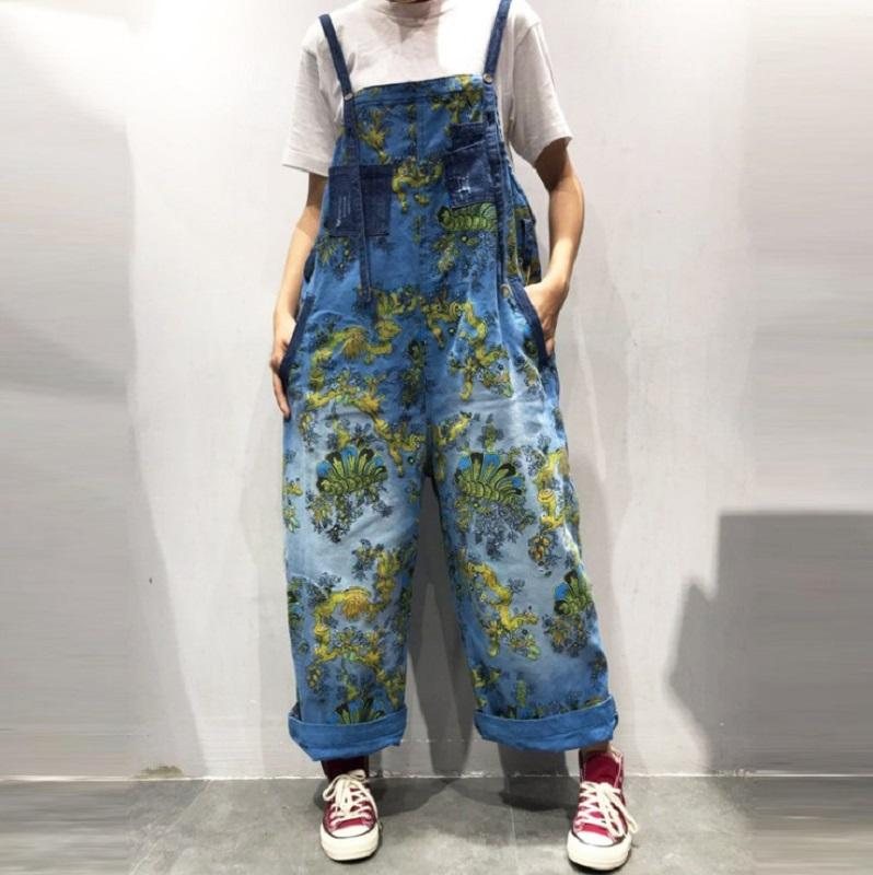 Vår Sommer Retro Loose Printed Floral Denim Jumpsuit