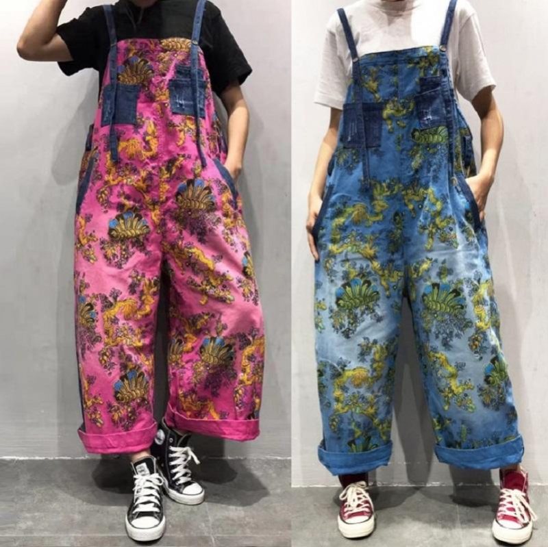 Vår Sommer Retro Loose Printed Floral Denim Jumpsuit