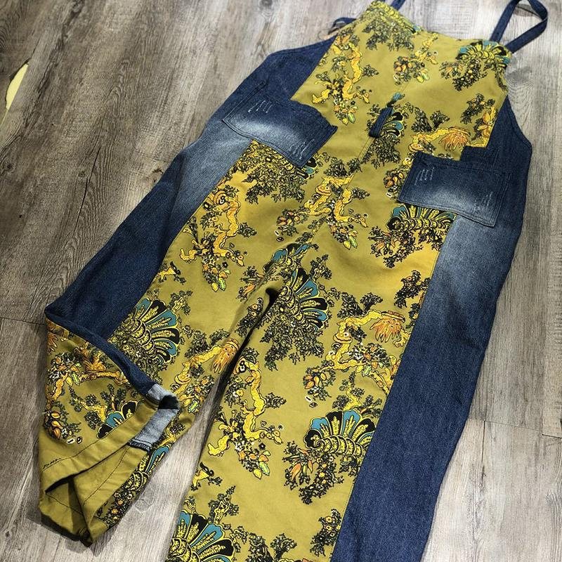 Vår Sommer Retro Loose Printed Floral Denim Jumpsuit