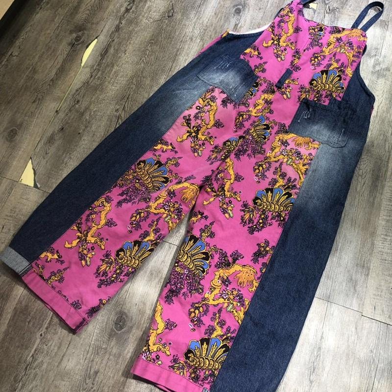 Vår Sommer Retro Loose Printed Floral Denim Jumpsuit