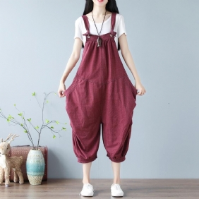 Vintage Wine Red Lantern Knitted Cotton Denim Jumpsuit