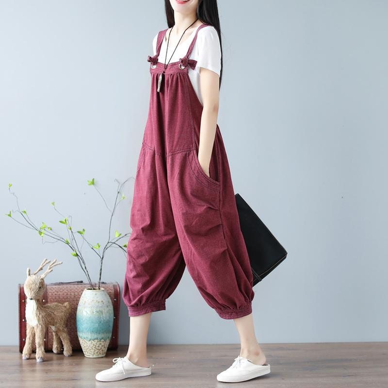 Vintage Wine Red Lantern Knitted Cotton Denim Jumpsuit