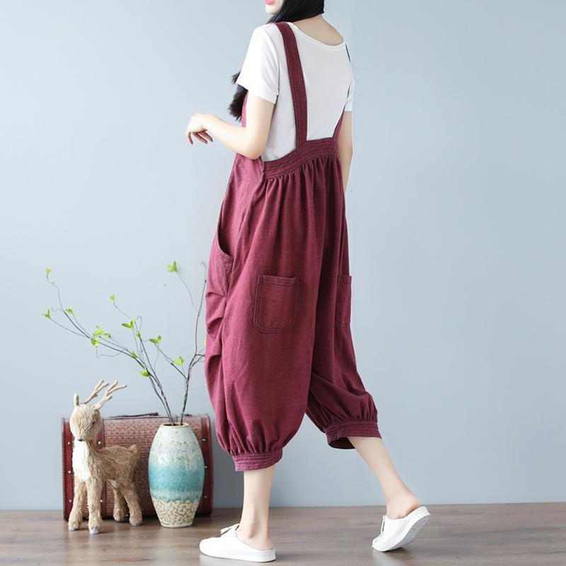 Vintage Wine Red Lantern Knitted Cotton Denim Jumpsuit