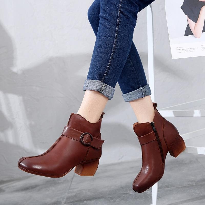 Autumn Leather Mid-heel Vintage Boots