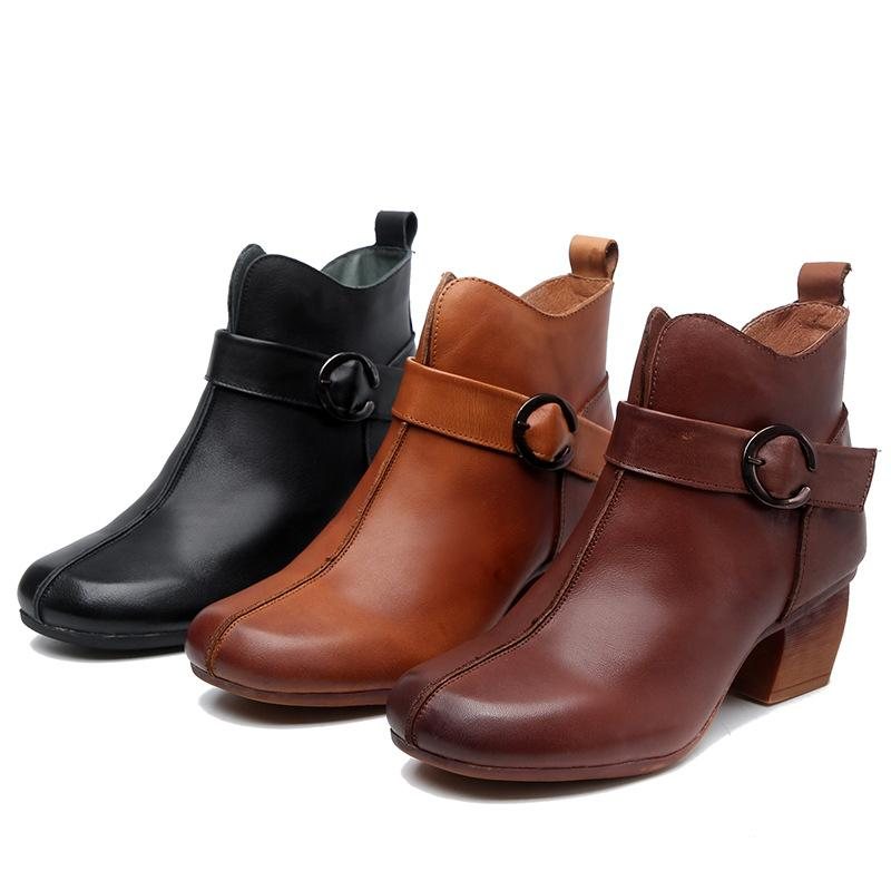 Autumn Leather Mid-heel Vintage Boots