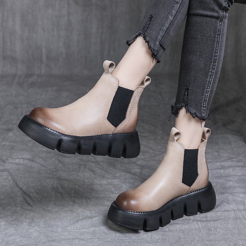 Dame Retro Leather Spring Round Head Boots