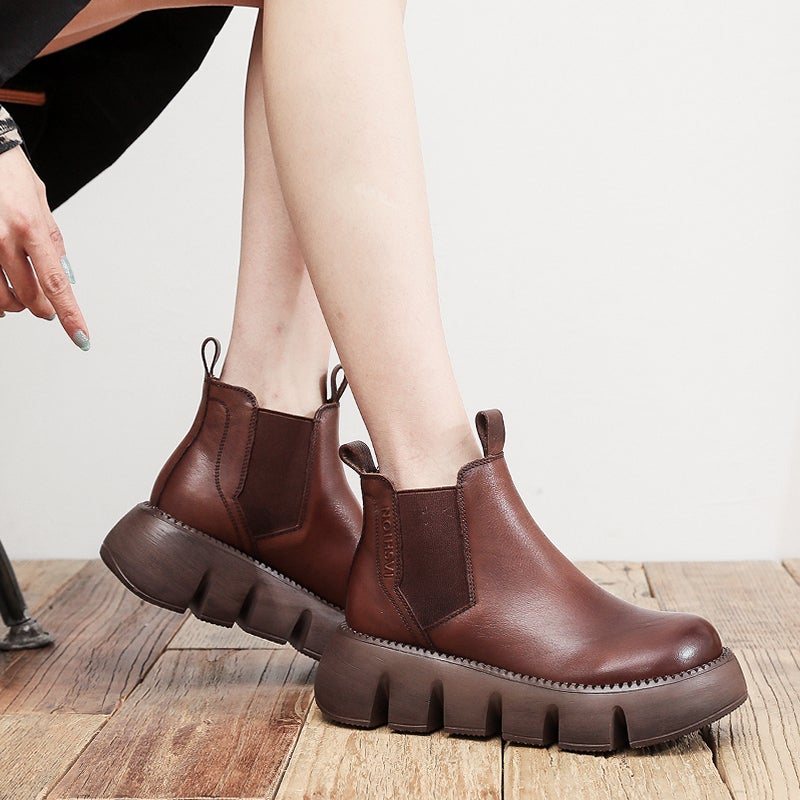 Dame Retro Leather Spring Round Head Boots