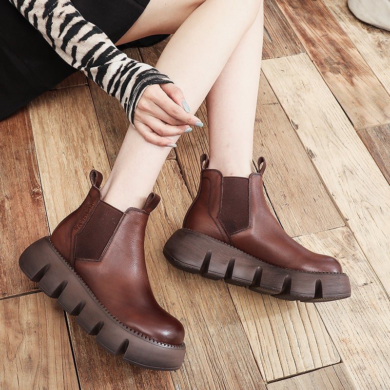 Dame Retro Leather Spring Round Head Boots