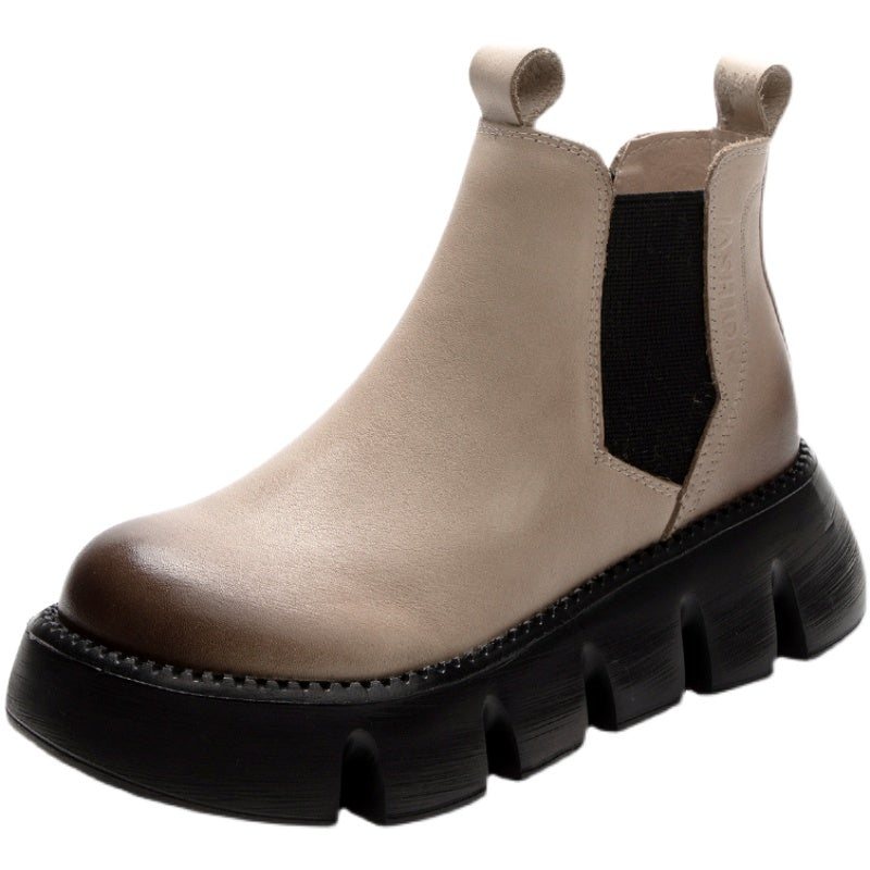 Dame Retro Leather Spring Round Head Boots