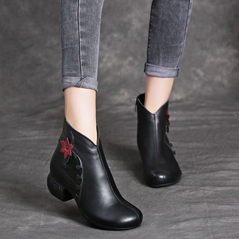 Dame Vinter Vår Plysj Retro Floral Leather Casual Boots