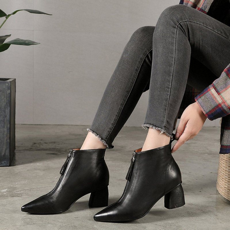 Glidelås-front Leather Pointed Toe Boots