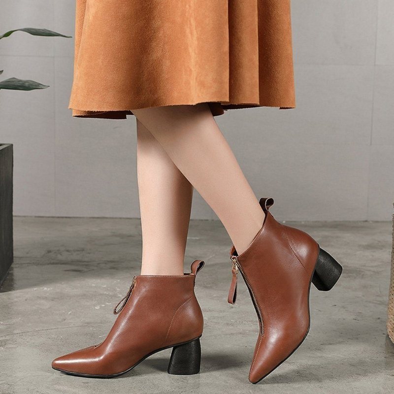 Glidelås-front Leather Pointed Toe Boots