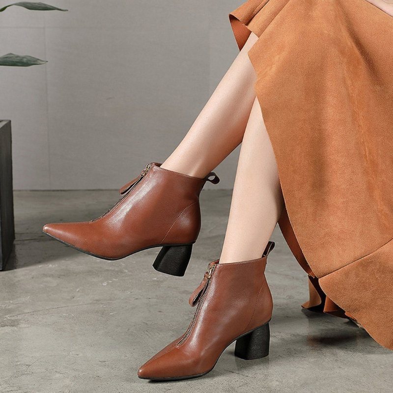 Glidelås-front Leather Pointed Toe Boots