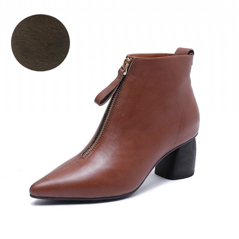 Glidelås-front Leather Pointed Toe Boots