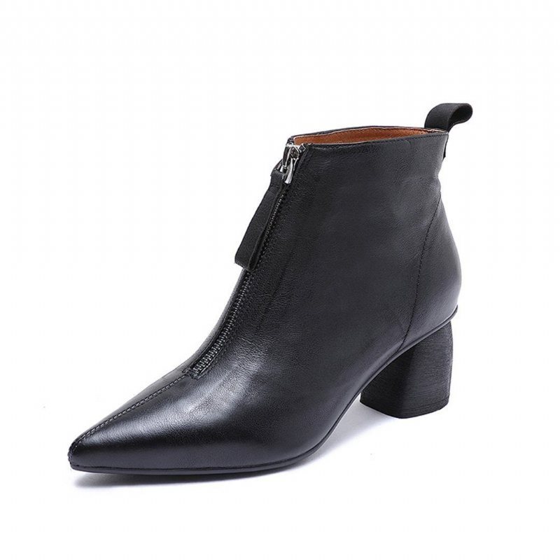 Glidelås-front Leather Pointed Toe Boots