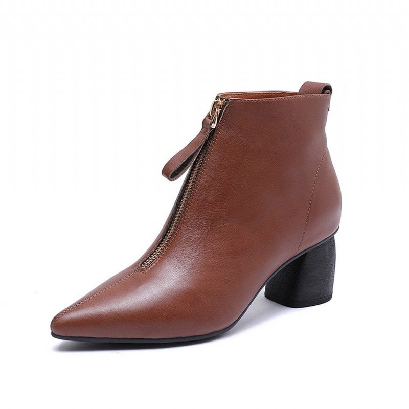 Glidelås-front Leather Pointed Toe Boots