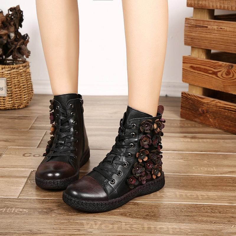 Høst Vinter Casual Farge Matchende Flower Leather Boots