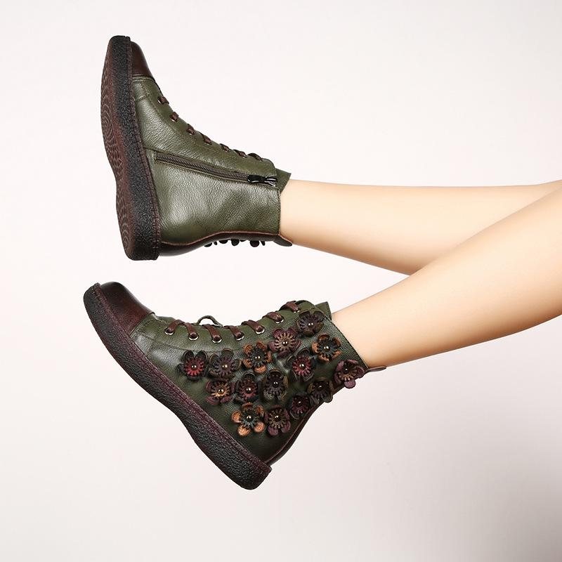 Høst Vinter Casual Farge Matchende Flower Leather Boots