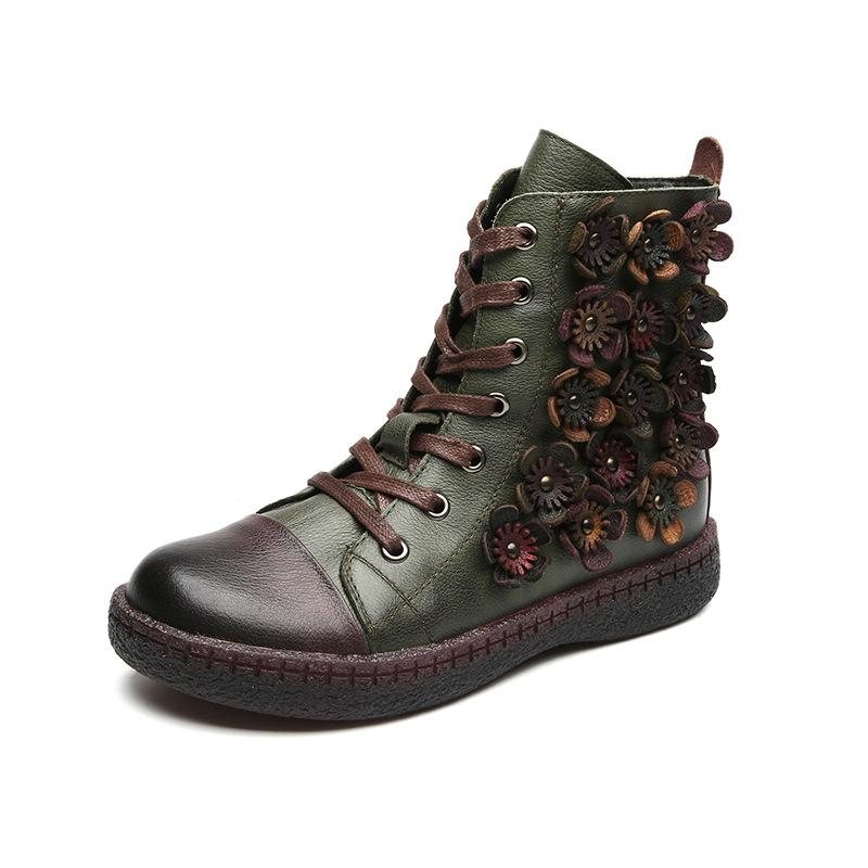 Høst Vinter Casual Farge Matchende Flower Leather Boots