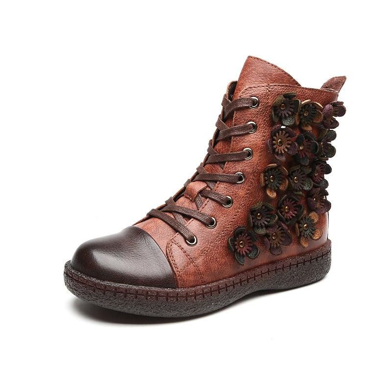 Høst Vinter Casual Farge Matchende Flower Leather Boots