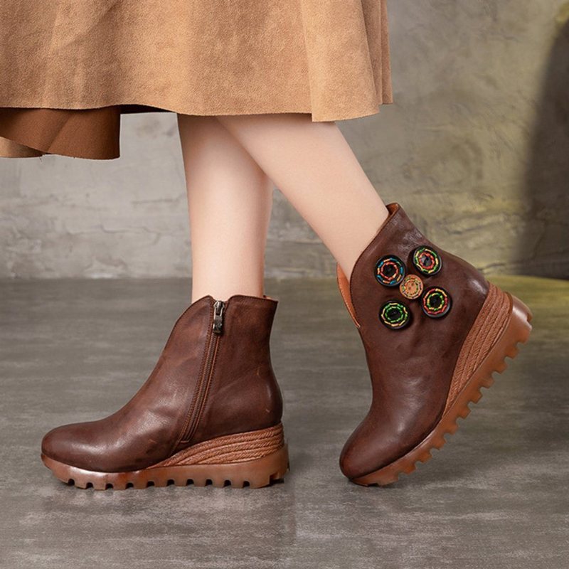 Kvinner Leather Bottons Platform Retro Boots